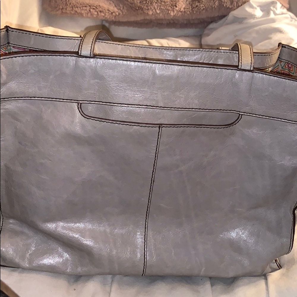 Hobo gray leather tote bag. Measures 13x10x5.